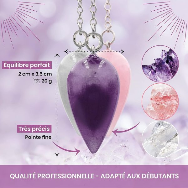 Pendule Divinatoire de Radiesthésie x3 - Pack 3 Pendules Goutte d'Eau : Améthyste, Quartz Rose & Cristal de Roche – Image 2