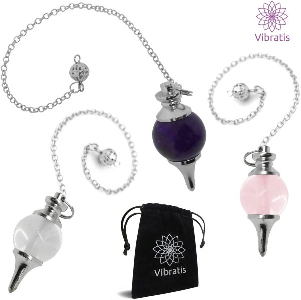 Lot de 3 Pendules Divinatoires Séphorotons de Radiesthésie en Cristal de Roche, Quartz Rose & Améthyste – Image 6