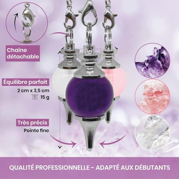 Lot de 3 Pendules Divinatoires Séphorotons de Radiesthésie en Cristal de Roche, Quartz Rose & Améthyste – Image 2