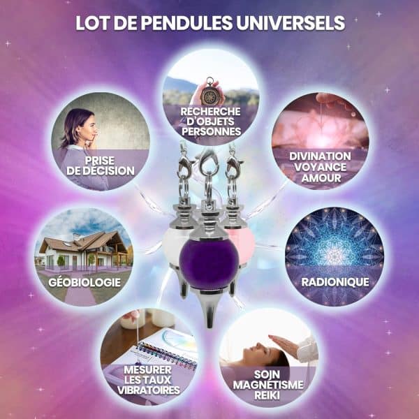 Lot de 3 Pendules Divinatoires Séphorotons de Radiesthésie en Cristal de Roche, Quartz Rose & Améthyste – Image 4